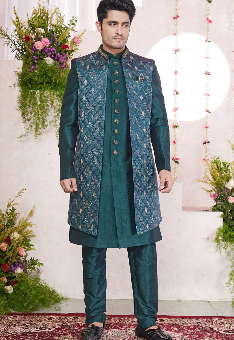 Woven Art Silk Jacquard Sherwani in Teal Green