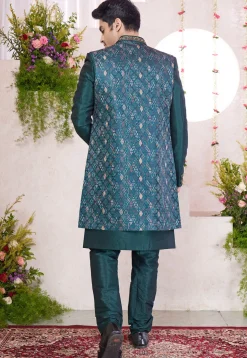 Woven Art Silk Jacquard Sherwani in Teal Green