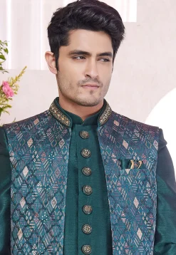 Woven Art Silk Jacquard Sherwani in Teal Green