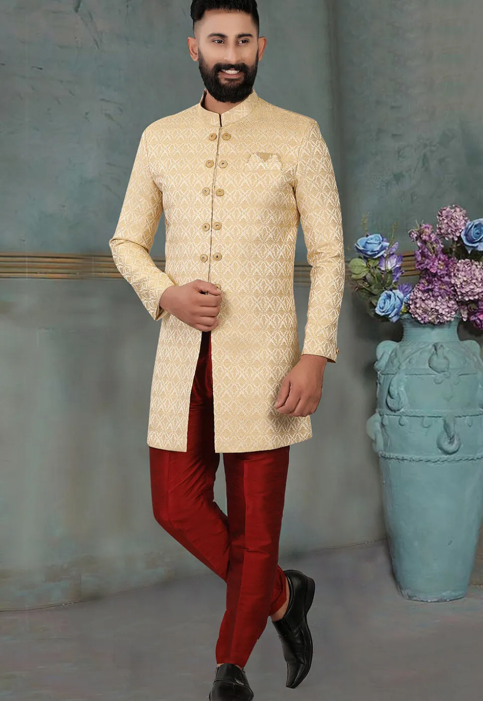 Woven Art Silk Jacquard Sherwani in Beige