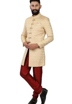 Woven Art Silk Jacquard Sherwani in Beige