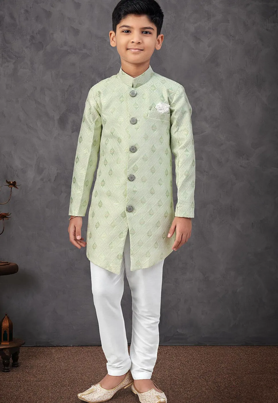 Woven Art Silk Jacquard Sherwani in Light Green