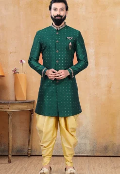 Woven Art Silk Jacquard Sherwani in Teal Green