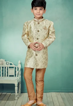 Woven Art Silk Jacquard Sherwani in Cream