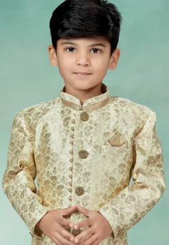 Woven Art Silk Jacquard Sherwani in Cream
