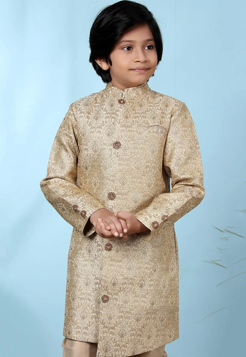 Woven Art Silk Jacquard Sherwani in Beige