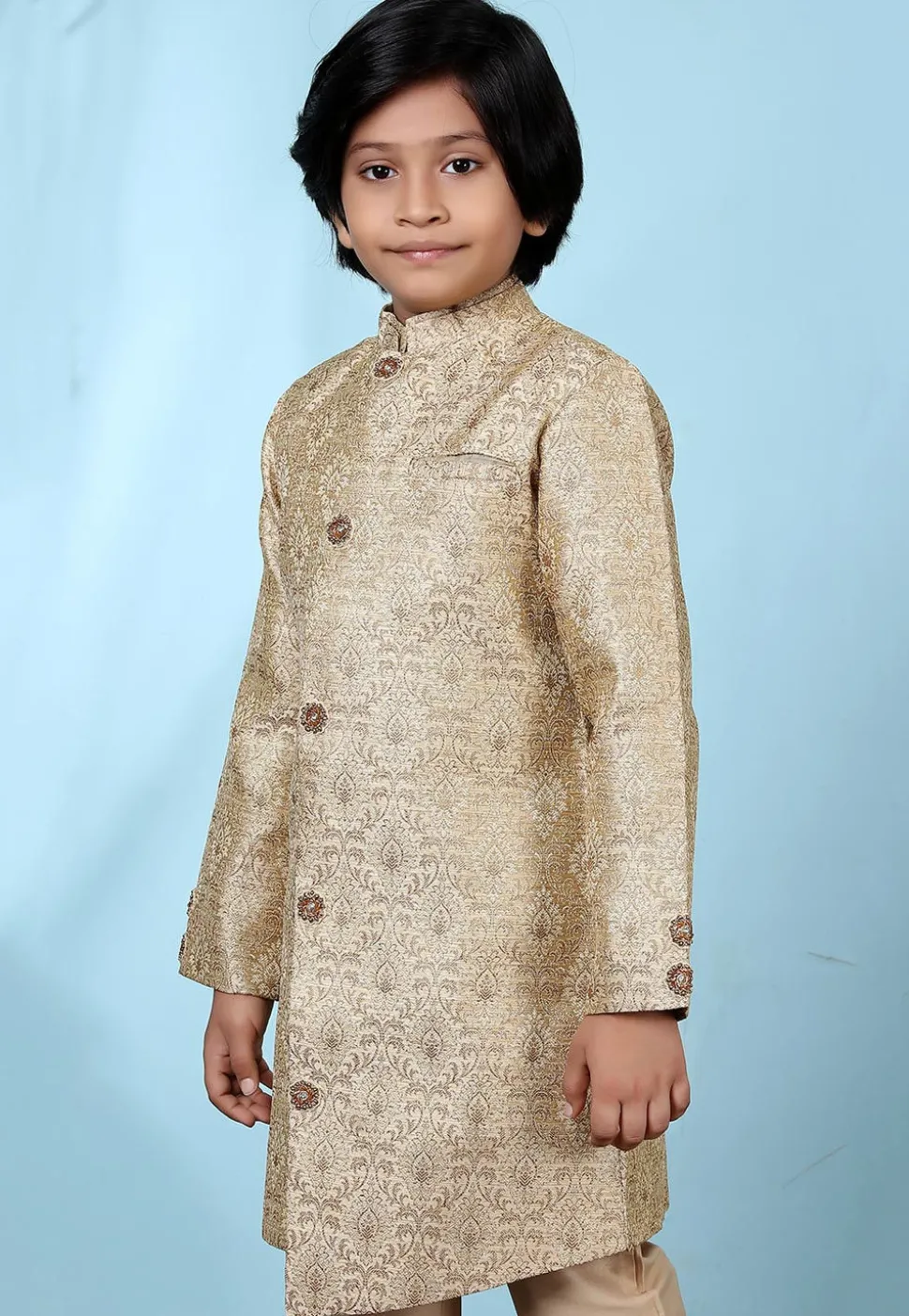 Woven Art Silk Jacquard Sherwani in Beige