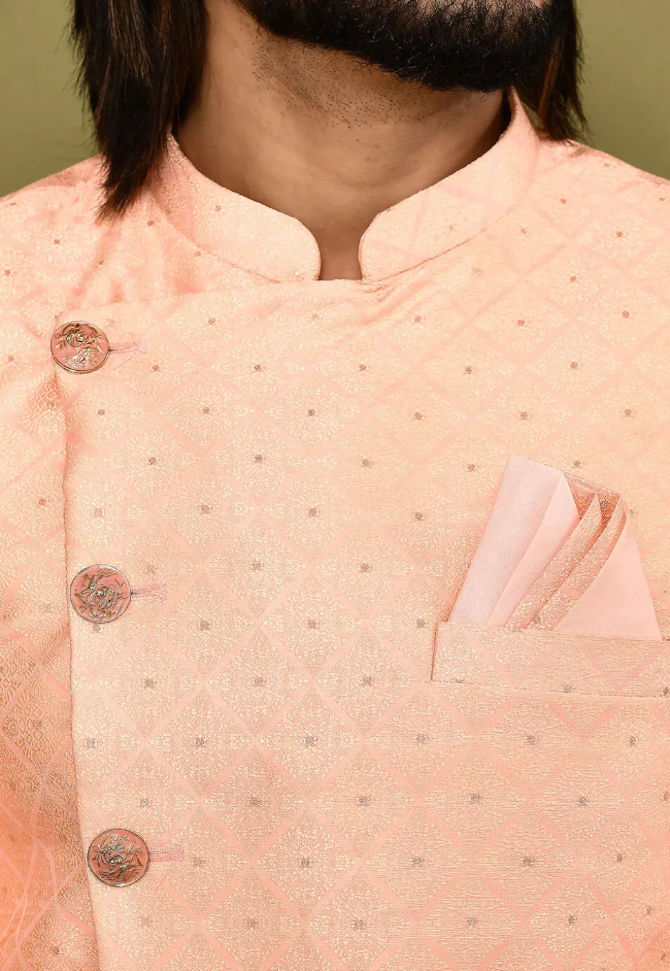 Woven Art Silk Jacquard Sherwani in Peach