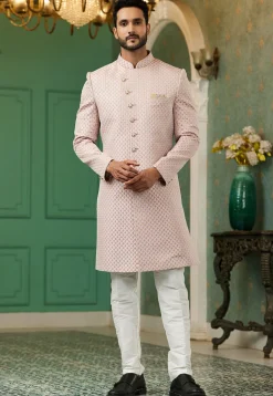 Woven Art Silk Jacquard Sherwani in Light Pink