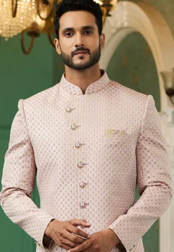 Woven Art Silk Jacquard Sherwani in Light Pink