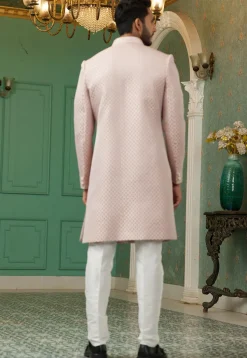 Woven Art Silk Jacquard Sherwani in Light Pink