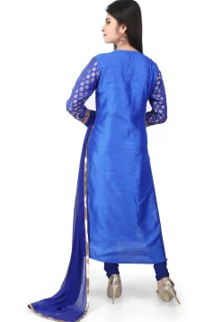Woven Art Silk Jacquard Straight Cut Suit in Blue
