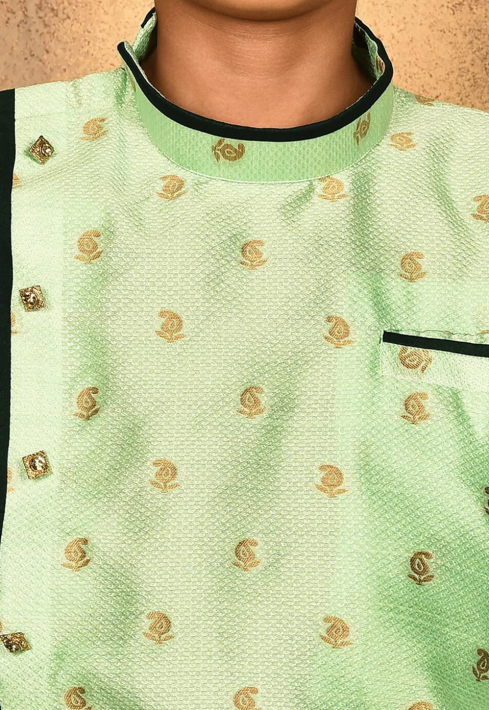 Woven Art Silk Jacquard Sherwani Set in Pastel Green