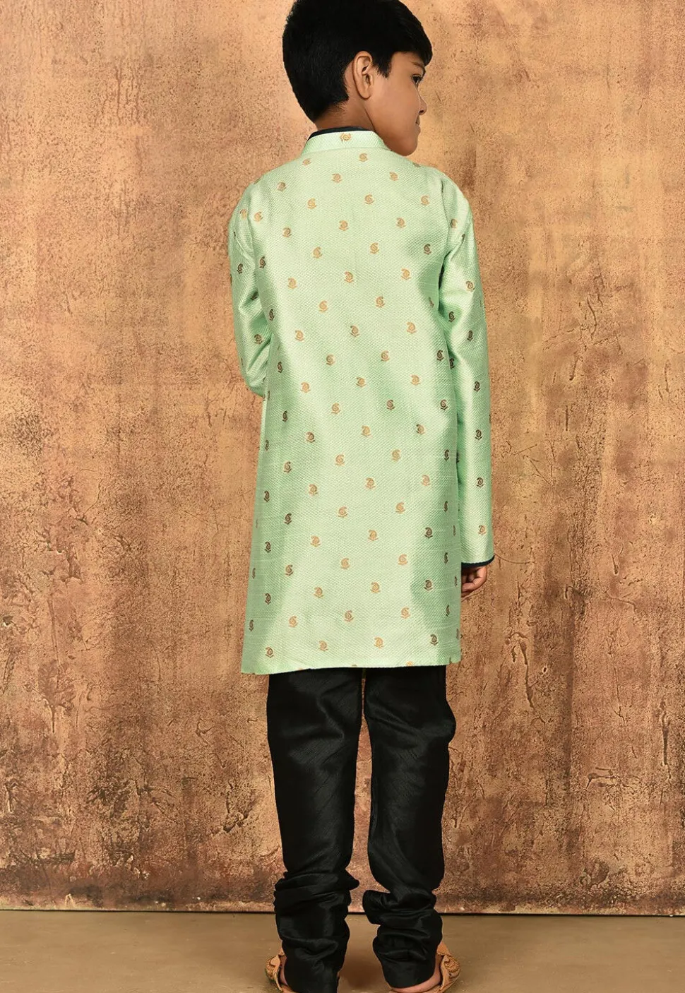 Woven Art Silk Jacquard Sherwani Set in Pastel Green