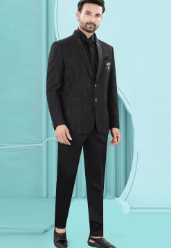 Woven Art Silk Jacquard Tuxedo in Black