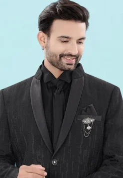 Woven Art Silk Jacquard Tuxedo in Black
