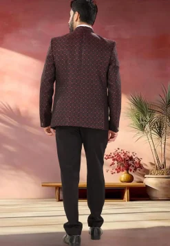 Woven Art Silk Jacquard Tuxedo in Maroon
