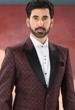 Woven Art Silk Jacquard Tuxedo in Maroon