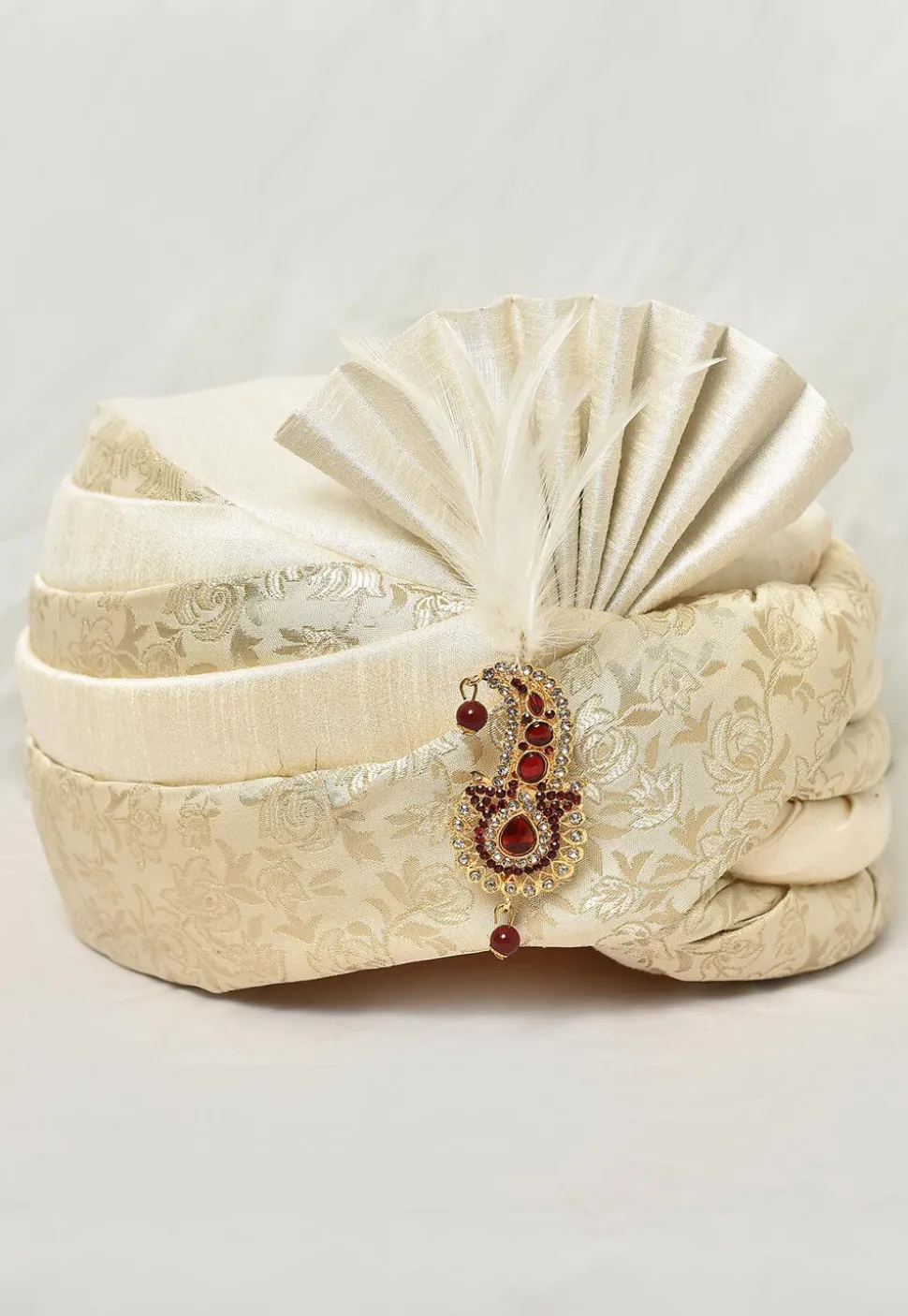 Woven Art Silk Jacquard Turban in Off White