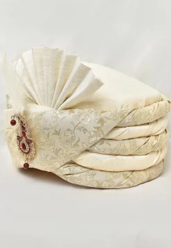 Woven Art Silk Jacquard Turban in Off White