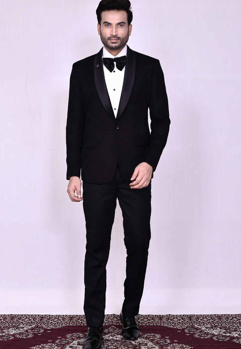 Woven Art Silk Jacquard Tuxedo in Black