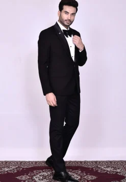 Woven Art Silk Jacquard Tuxedo in Black