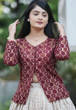 Woven Art Silk Jacquard Top Set in Maroon