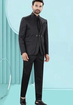 Woven Art Silk Jacquard Tuxedo in Black