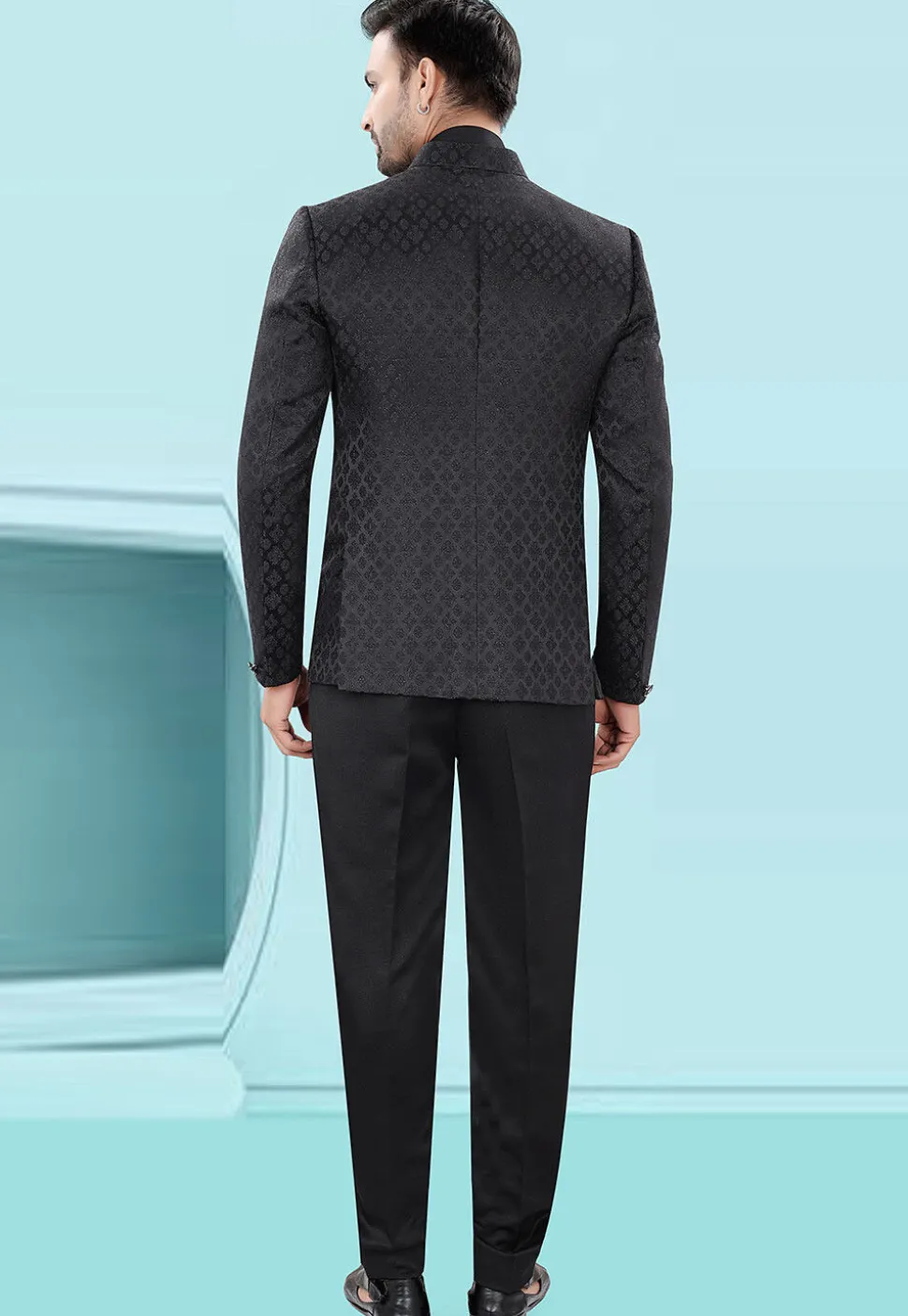 Woven Art Silk Jacquard Tuxedo in Black