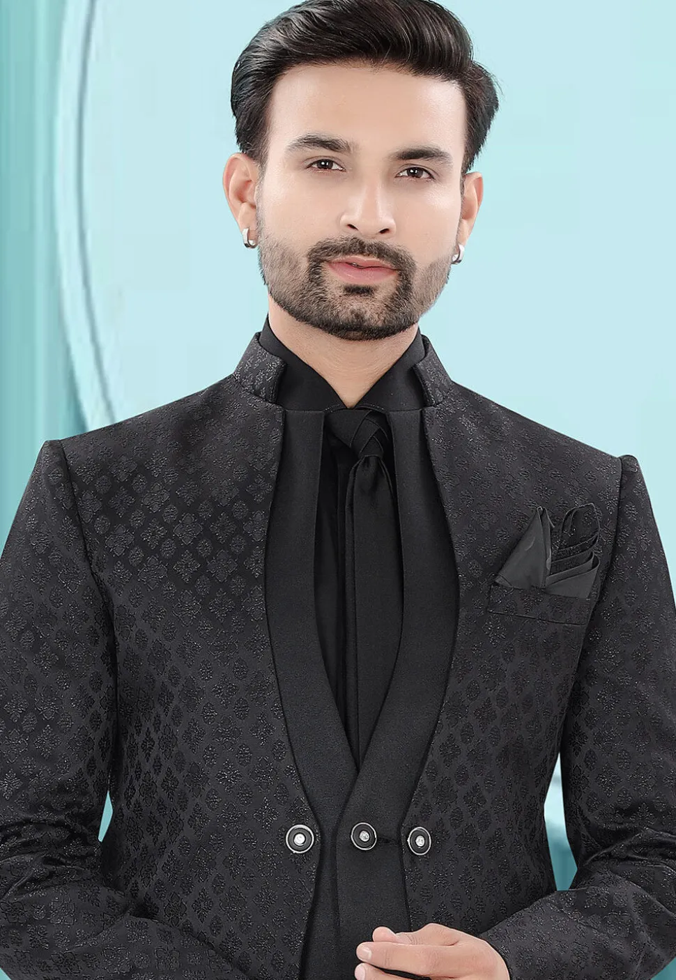 Woven Art Silk Jacquard Tuxedo in Black