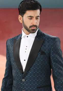 Woven Art Silk Jacquard Tuxedo in Blue