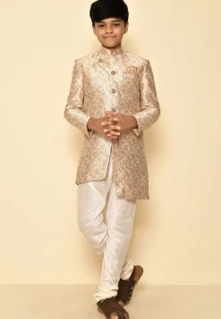 Woven Art Silk Jaquard Asymmetric Sherwani Set in Cream