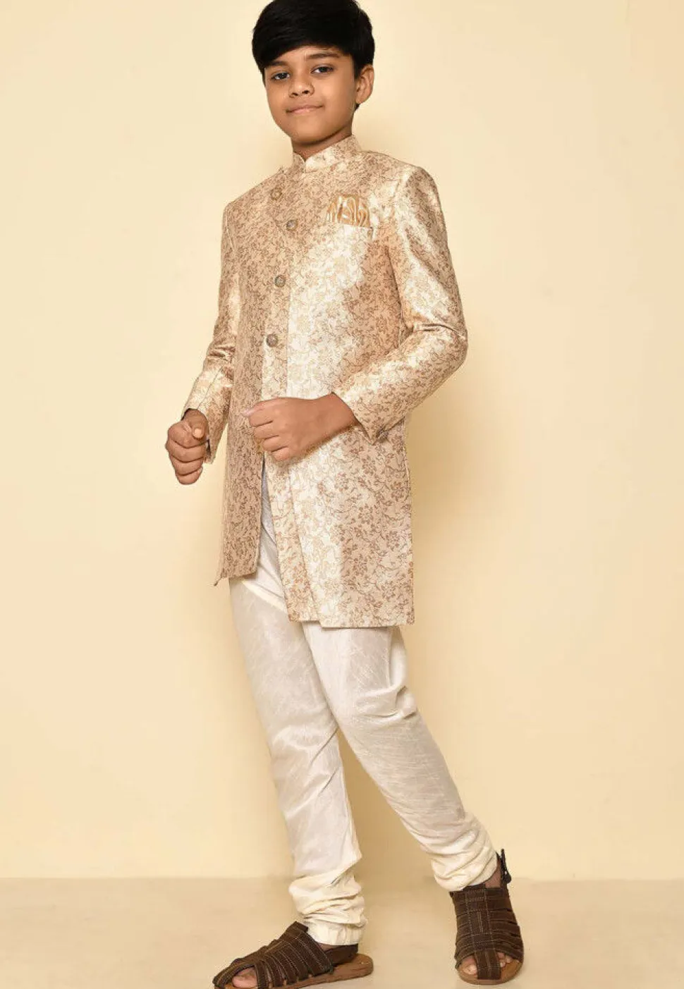 Woven Art Silk Jaquard Asymmetric Sherwani Set in Cream