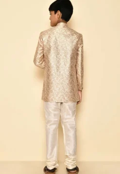 Woven Art Silk Jaquard Asymmetric Sherwani Set in Cream