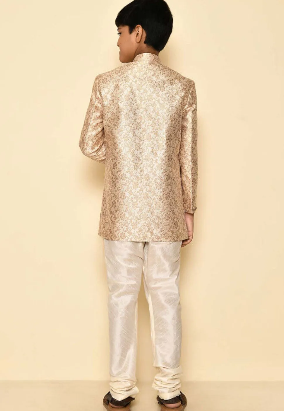 Woven Art Silk Jaquard Asymmetric Sherwani Set in Cream