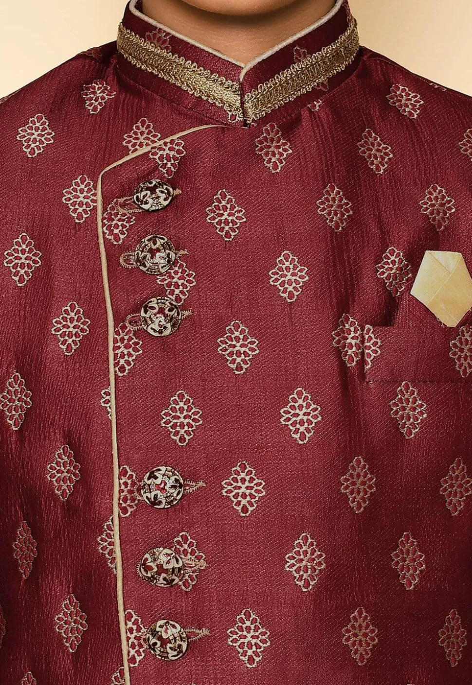 Woven Art Silk Jaquard Asymmetric Sherwani Set in Maroon