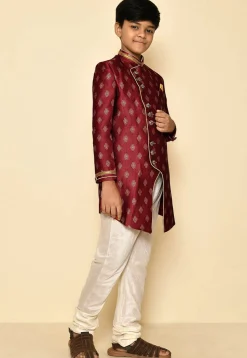Woven Art Silk Jaquard Asymmetric Sherwani Set in Maroon