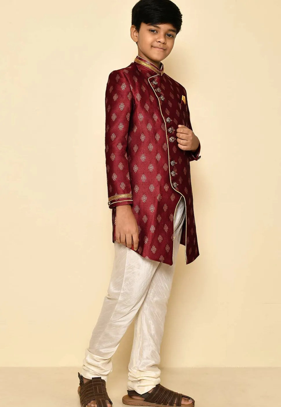 Woven Art Silk Jaquard Asymmetric Sherwani Set in Maroon
