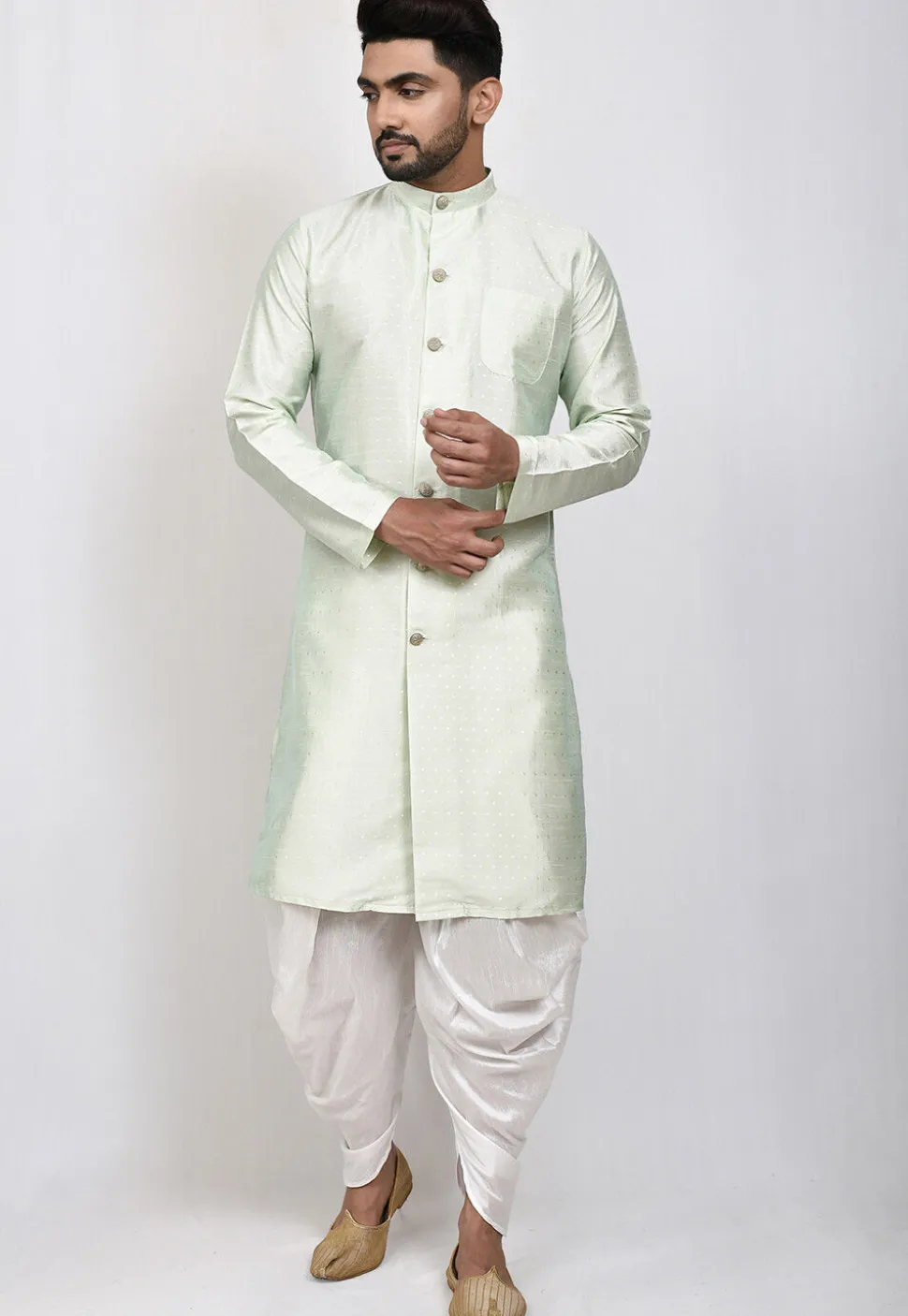 Woven Art Silk Jaquard Kurta Set in Pastel Green