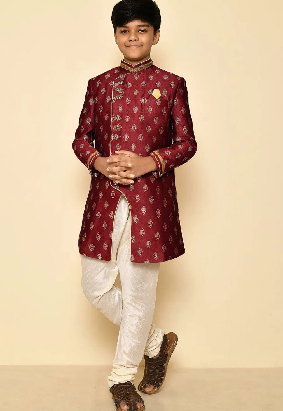 Woven Art Silk Jaquard Kurta in Maroon