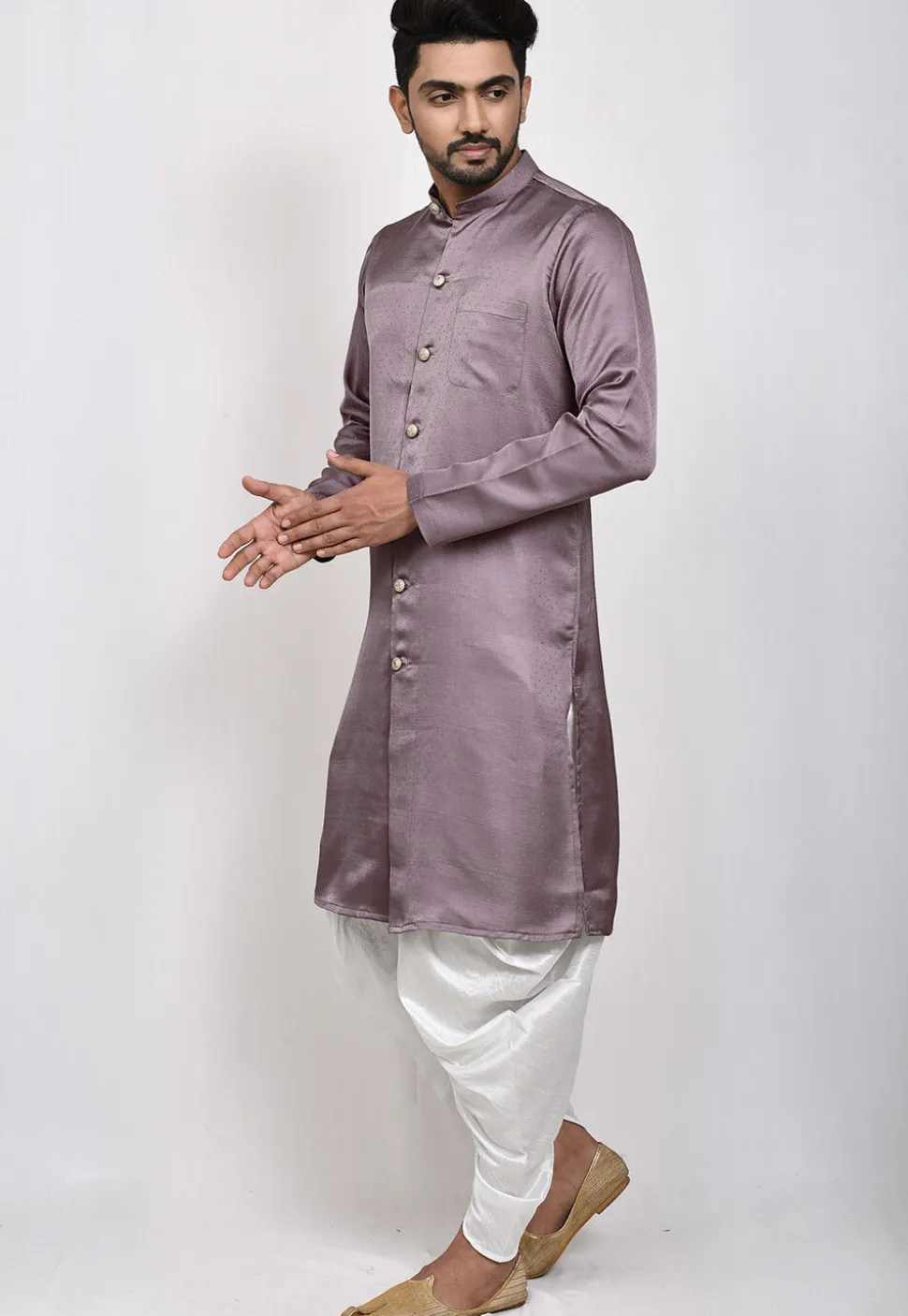 Woven Art Silk Jaquard Kurta Set in Dusty Purple