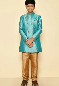 Woven Art Silk Jaquard Sherwani Set in Sky Blue