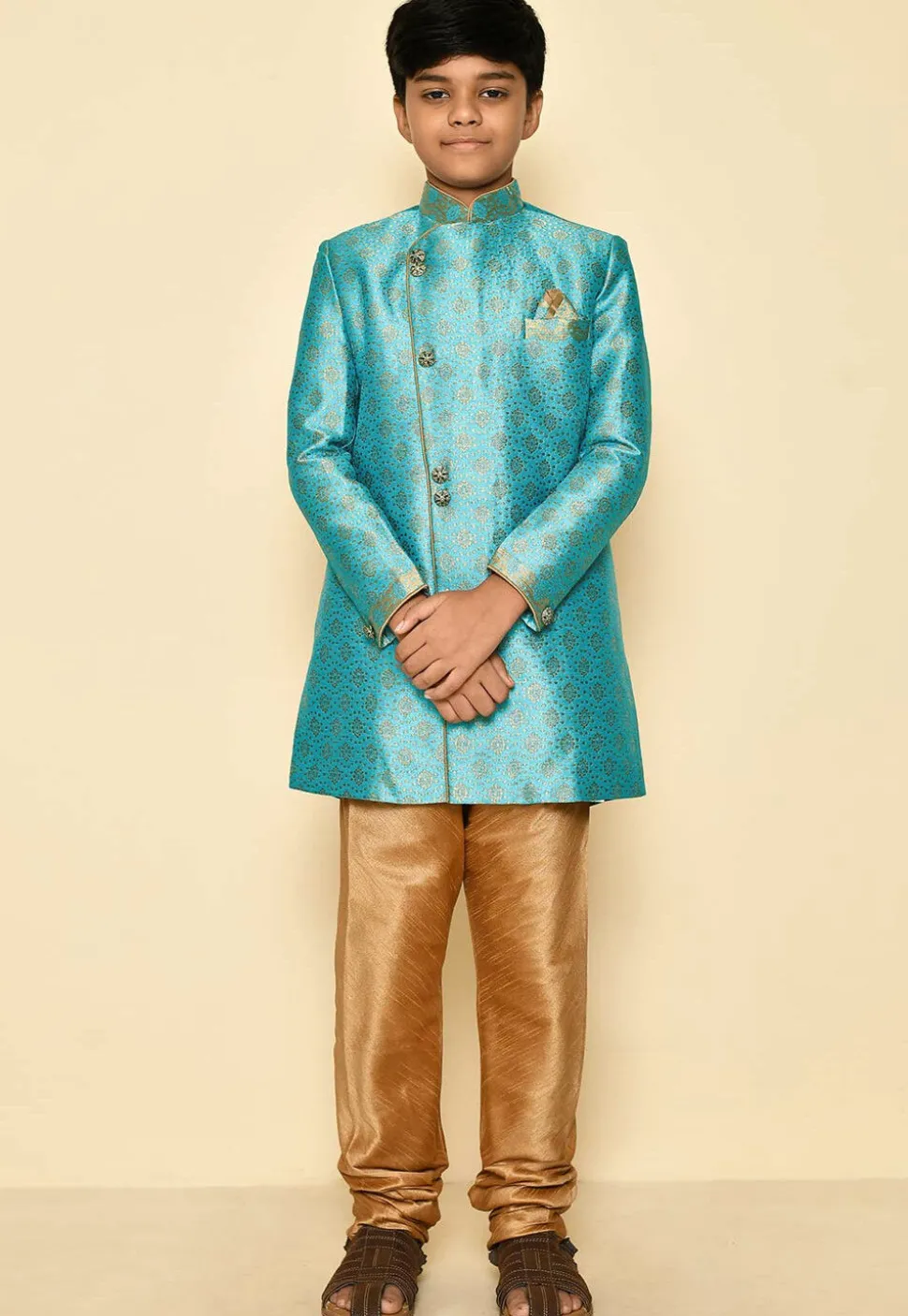 Woven Art Silk Jaquard Sherwani Set in Sky Blue