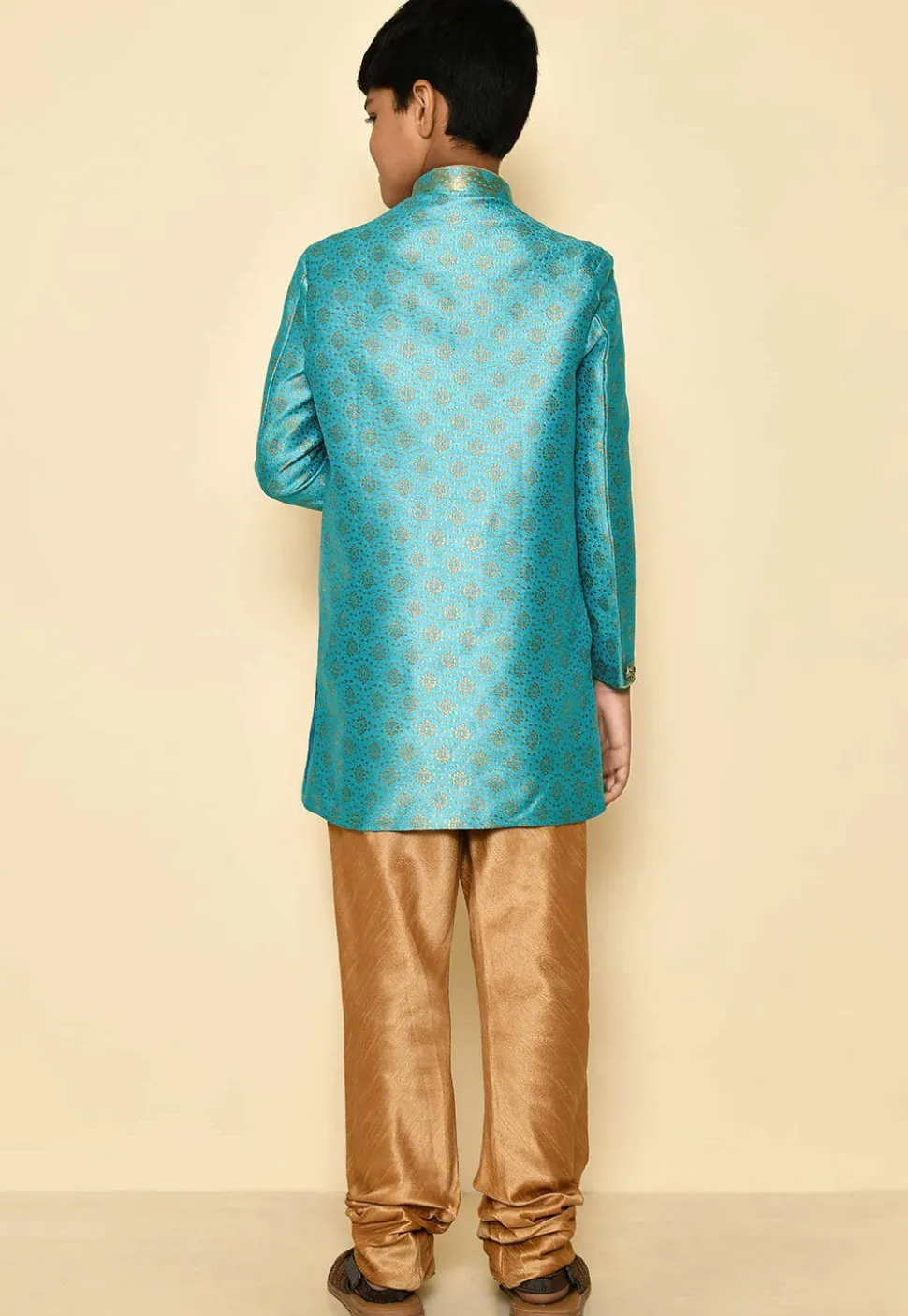Woven Art Silk Jaquard Sherwani Set in Sky Blue