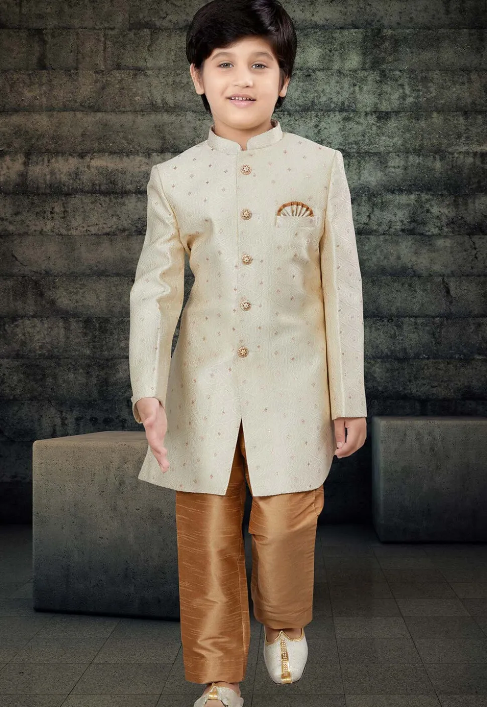 Woven Art Silk Jaquard Sherwani in Cream