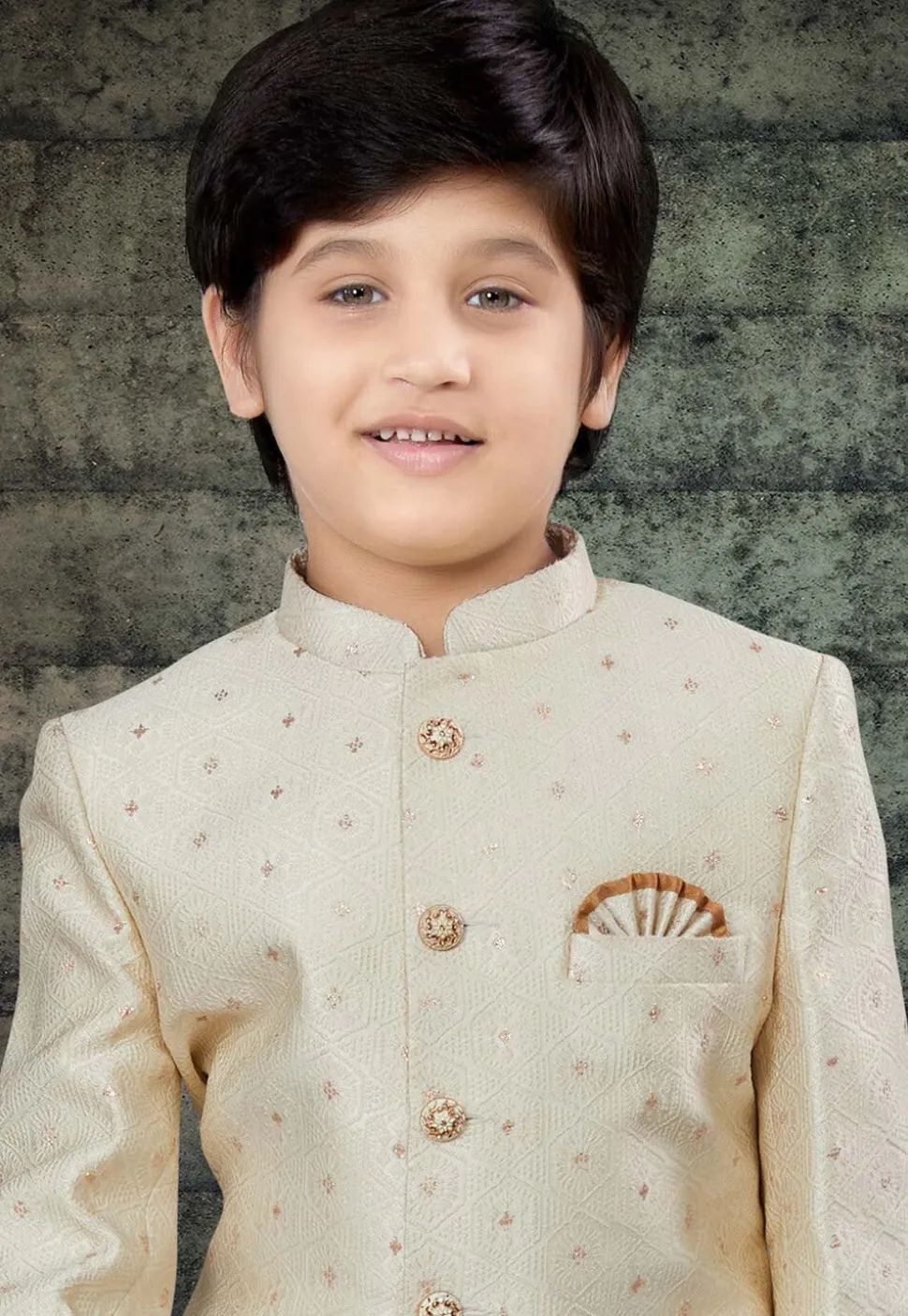 Woven Art Silk Jaquard Sherwani in Cream