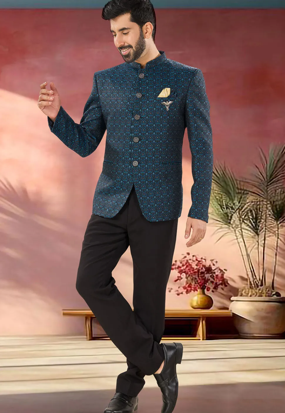 Woven Art Silk Jodhpuri Suit in Blue