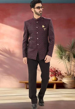 Woven Art Silk Jodhpuri Suit in Maroon