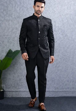 Woven Art Silk Jodhpuri Suit in Black
