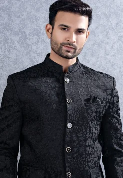 Woven Art Silk Jodhpuri Suit in Black